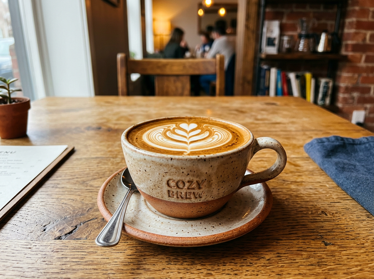 Handcrafted latte with detailed latte art in a warm ceramic cup